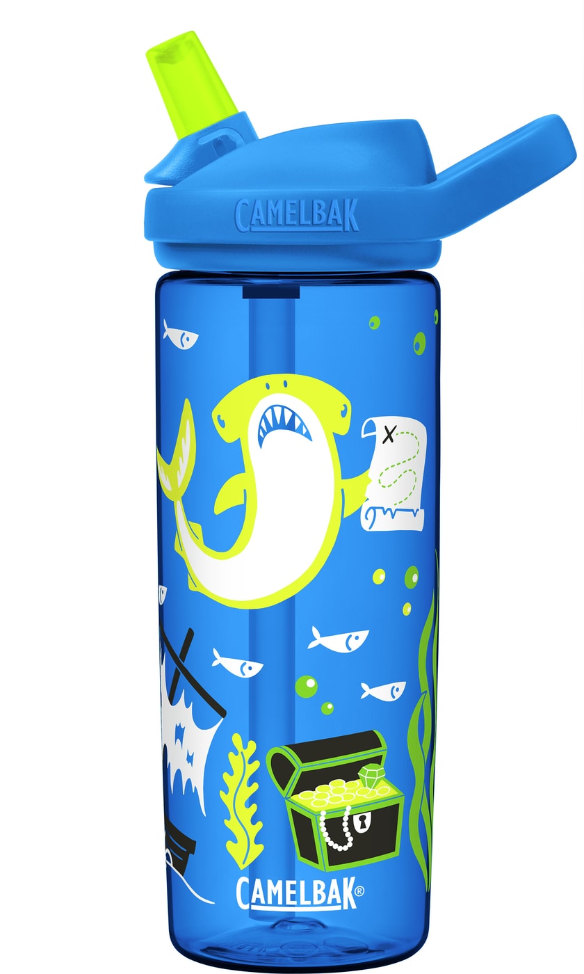 Stor drikkeflaske til barn i blå med haier på